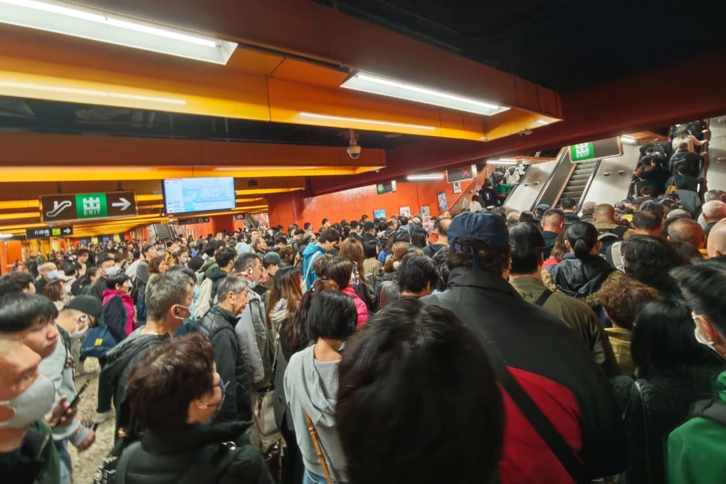 Crowds of passengers exit North Point station due to the suspension of the MTR’s Island line on February 11. Photo: Handout
