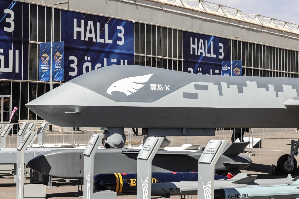 A Wing Loong-X unmanned aerial vehicle on display at the World Defence Show in Riyadh on Monday. Photo: AFP
