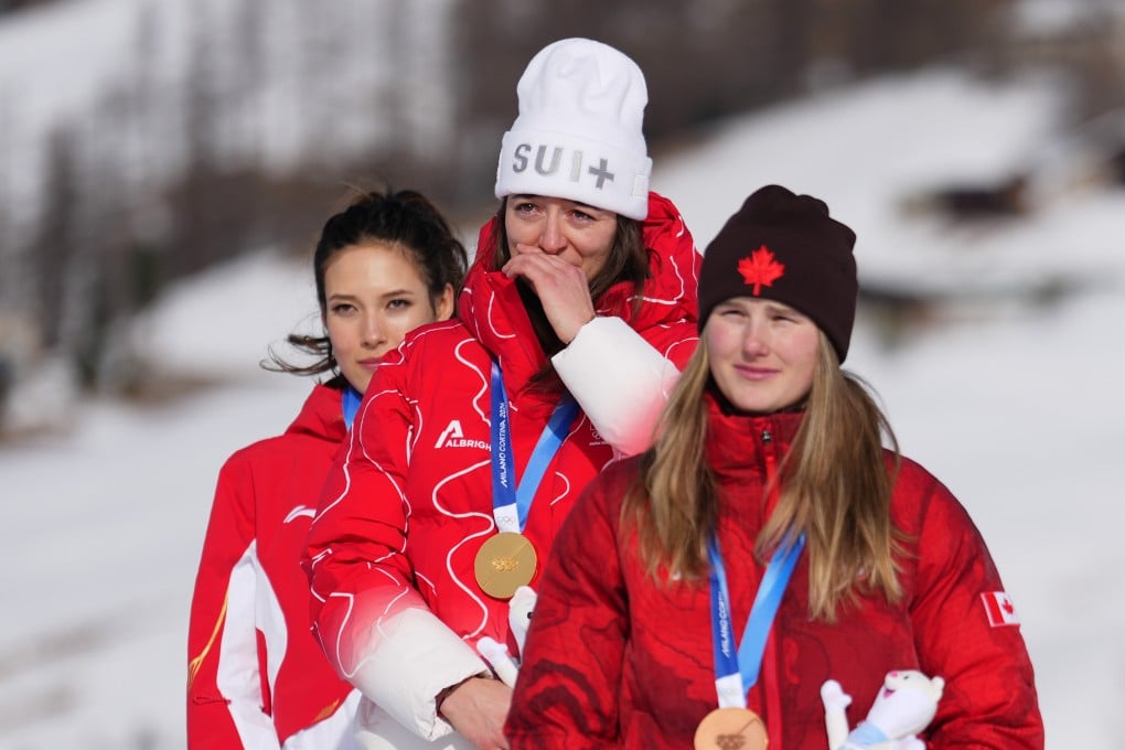 From left, silver medallist Eileen Gu of China, gold medallist Switzerland’s Mathilde Gremaud and bronze medalist Canada’s Megan Oldham after the freestyle skiing slopestyle final on Monday. Photo: AP