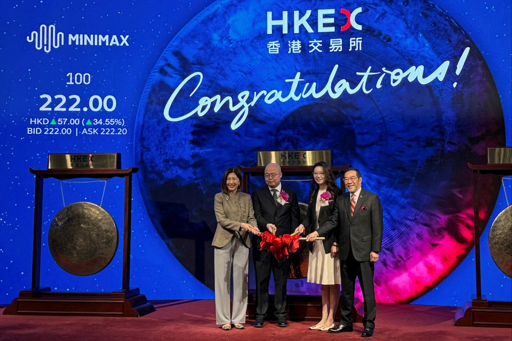 MiniMax founder and CEO Yan Junjie (second left) and Chief Operating Officer Yun Yeyi (second right) pose with Hong Kong Exchanges and Clearing (HKEX) CEO Bonnie Chan (left) and HKEX Chairman Carlson Tong at its listing ceremony in Hong Kong on January 9. Photo: Reuters