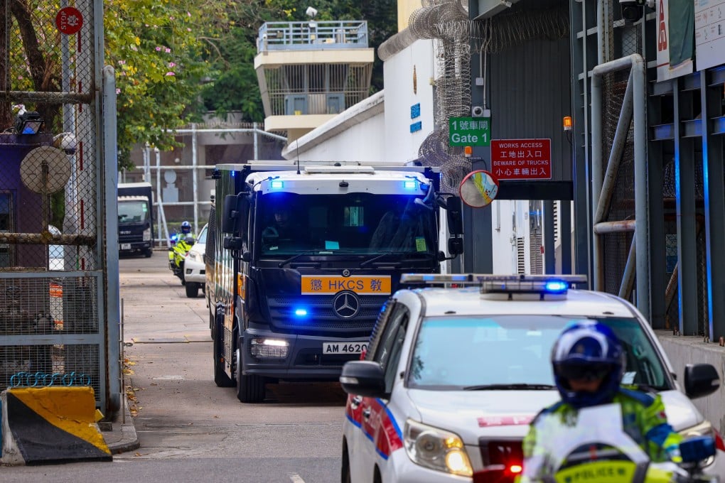 A Hong Kong Correctional Services vehicle carrying former media tycoon Jimmy Lai leaves the Lai Chi Kok Reception Centre and heads to the West Kowloon Court on February 9. Photo: Dickson Lee