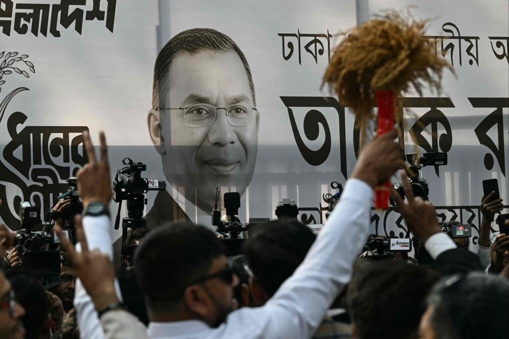 A poster of Bangladesh Nationalist Party (BNP) chairman and election candidate Tarique Rahman is displayed outside the party office in Dhaka on Friday. Photo: AFP