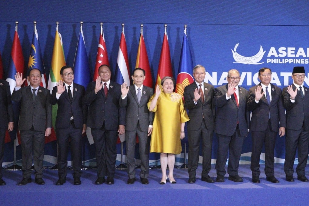 Asean foreign ministers, including Philippine Foreign Secretary Theresa Lazaro (wearing gold) and Secretary General Kao Kim Hourn during the bloc’s Foreign Ministers’ Retreat in Cebu, the Philippines, on January 29. Photo: EPA/Handout