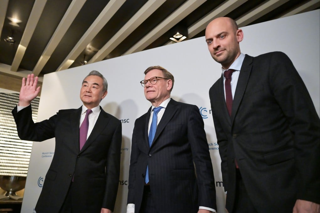 Meeting in Munich on Friday are (from left) China’s Wang Yi, Germany’s Johann Wadephul and France’s Jean-Noel Barrot. Photo: DPA