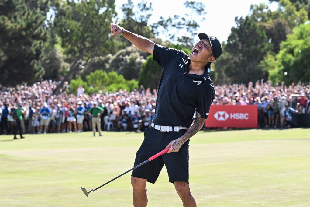 Anthony Kim celebrates after winning the individual title at LIV Golf Adelaide. Photo: AFP