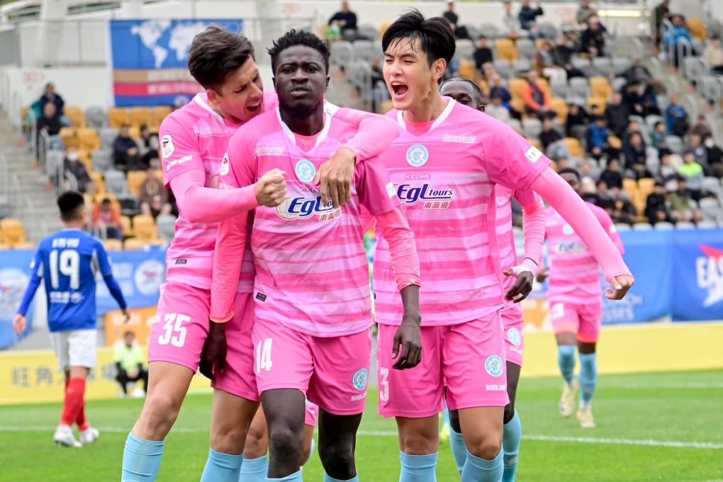 Yakubu Nassam Ibrahim (centre) celebrates with teammates Matias Panigazzi (left) and Kim Min-gyu after scoring in the Senior Shield semi-final. Photo: BC Rangers