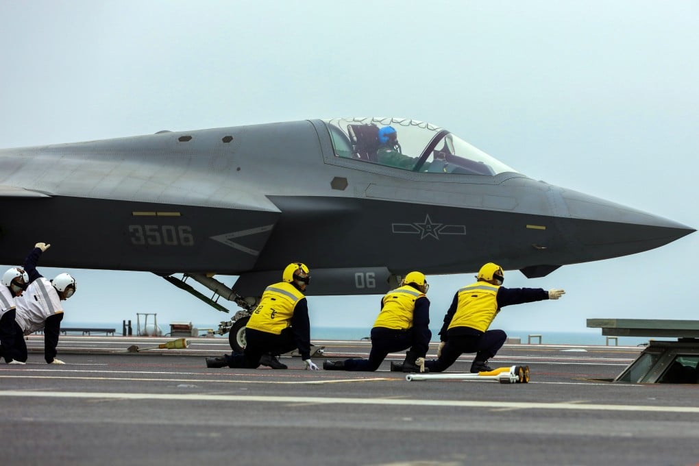 A J-35 stealth fighter prepares for take-off from the flight deck of the Fujian, China’s third and most advanced aircraft carrier. Photo: Xinhua