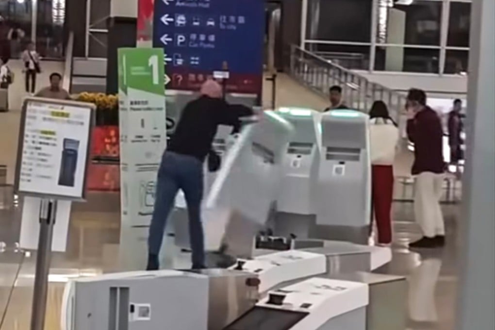 A foreign national has been arrested at Hong Kong International Airport after a video showed him damaging self-check-in kiosks. Photo: Facebook/@ hkcaml