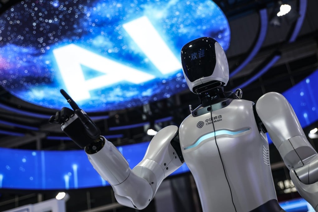 A humanoid robot is pictured, with a big AI logo on the ceiling, at the 2025 Global Industrial Internet Conference in China’s Liaoning province on September 6. Photo: Xinhua