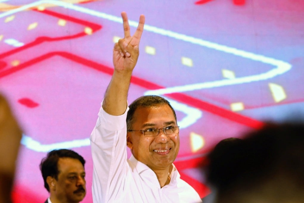 Tarique Rahman, chairman of Bangladesh Nationalist Party (BNP), shows a victory sign following the BNP’s victory in the general election, in Dhaka, Bangladesh, on Saturday. Photo: Reuters