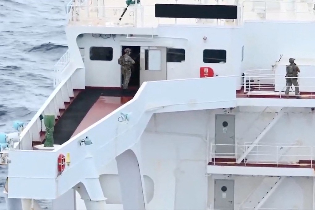 US forces board the sanctioned vessel Veronica III in the Indian Ocean on Sunday. Photo: Department of War via X / Handout via Reuters
