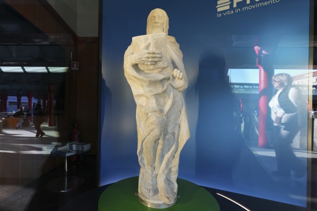 “Bearded Saint with Book”, a 15th century statue that was recently restored under the “Adopt a Statue” programme, on display in Milan, Italy. Photo: AP