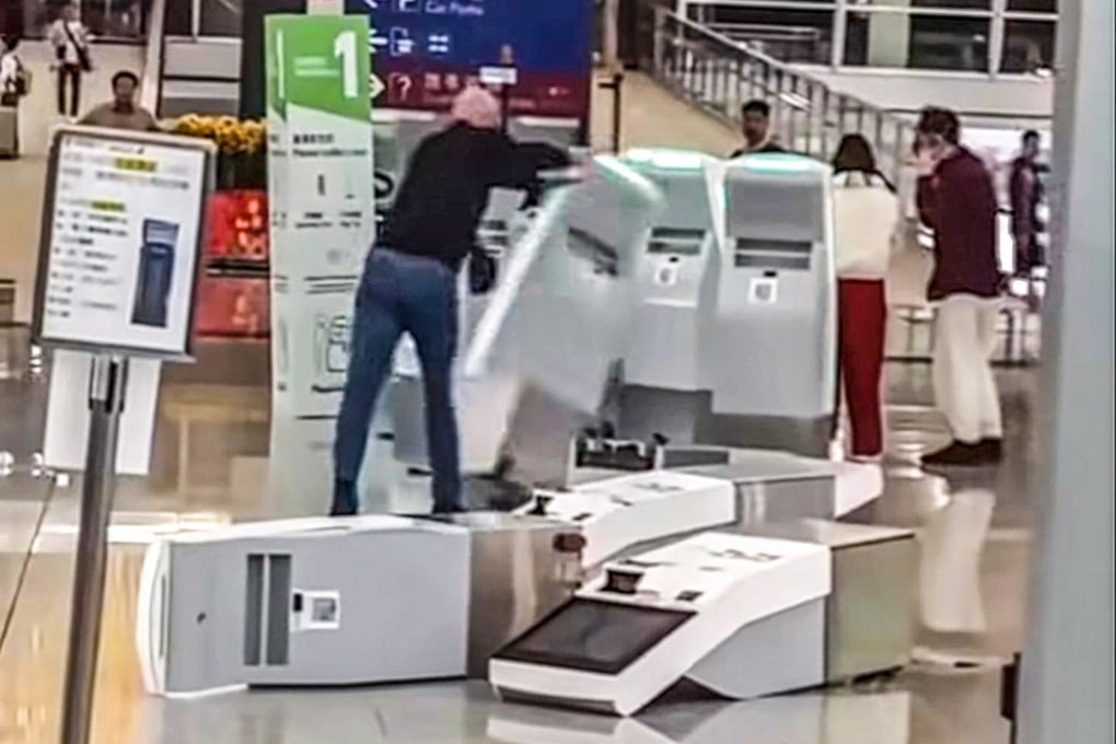 A video on social media showed Youcef Bennoui, 35, pushing over several self-check-in kiosks in the departure hall and repeatedly striking them with a stanchion. Photo: Handout