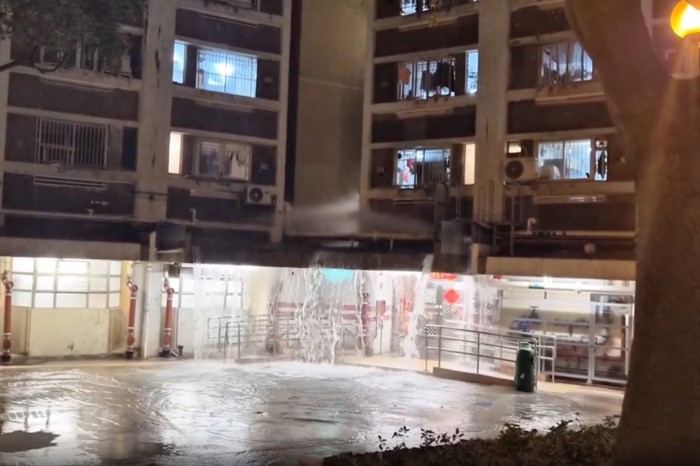 A clip circulating online showed water gushing out from pipes and pouring to the ground at Hei Wah House. Photo: Handout