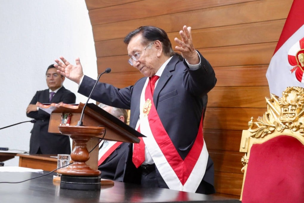 Peru’s new interim President Jose Maria Balcazar as he gives a speech. Photo: Peruvian Congress via AFP