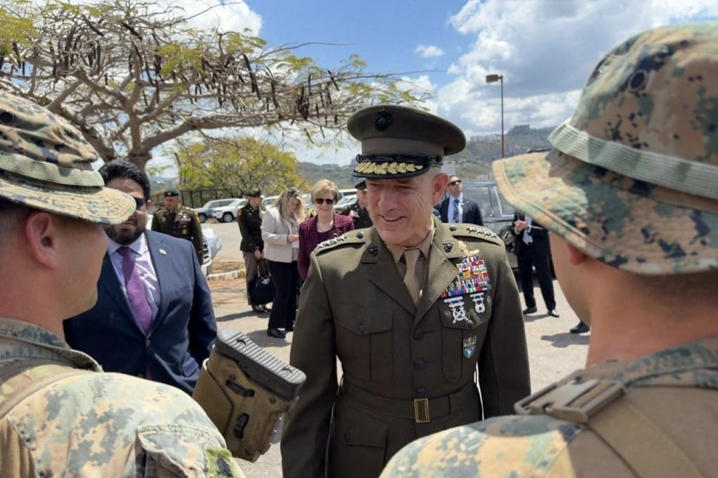 US General Francis Donovan speaking with soldiers after his arrival at the Simon Bolivar International Airport in Maiquetia, Venezuela on Wednesday. Photo: US embassy in Venezuela via AFP