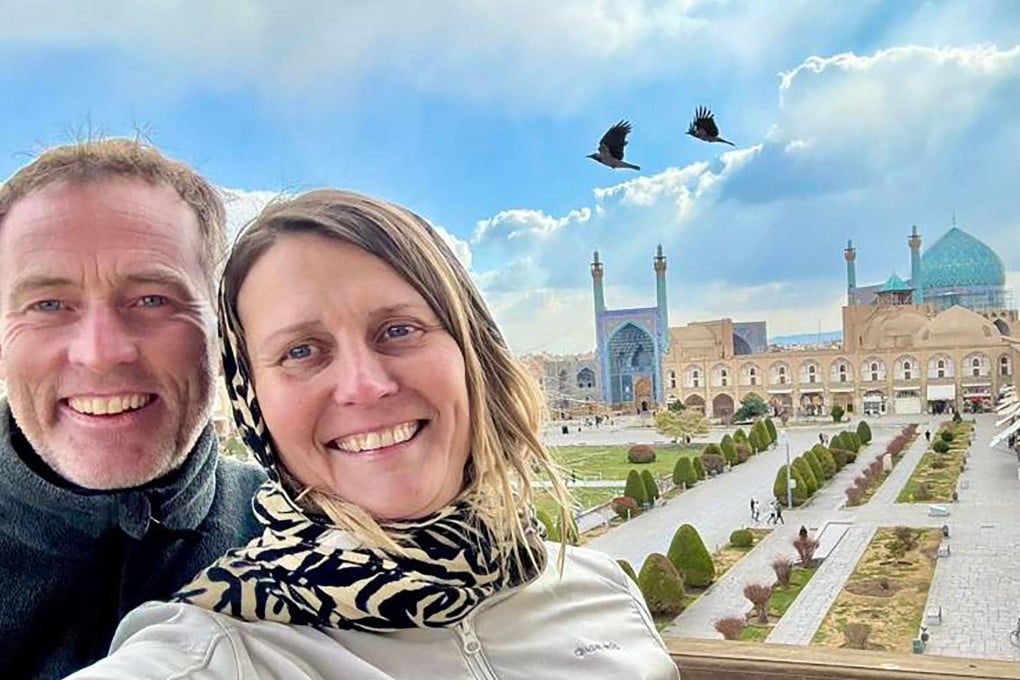 Craig and Lindsay Foreman take a selfie at Naqsh-e Jahan Square, with the Shah Mosque in the background, in Isfahan, Iran. Photo: Foreman family / AFP
