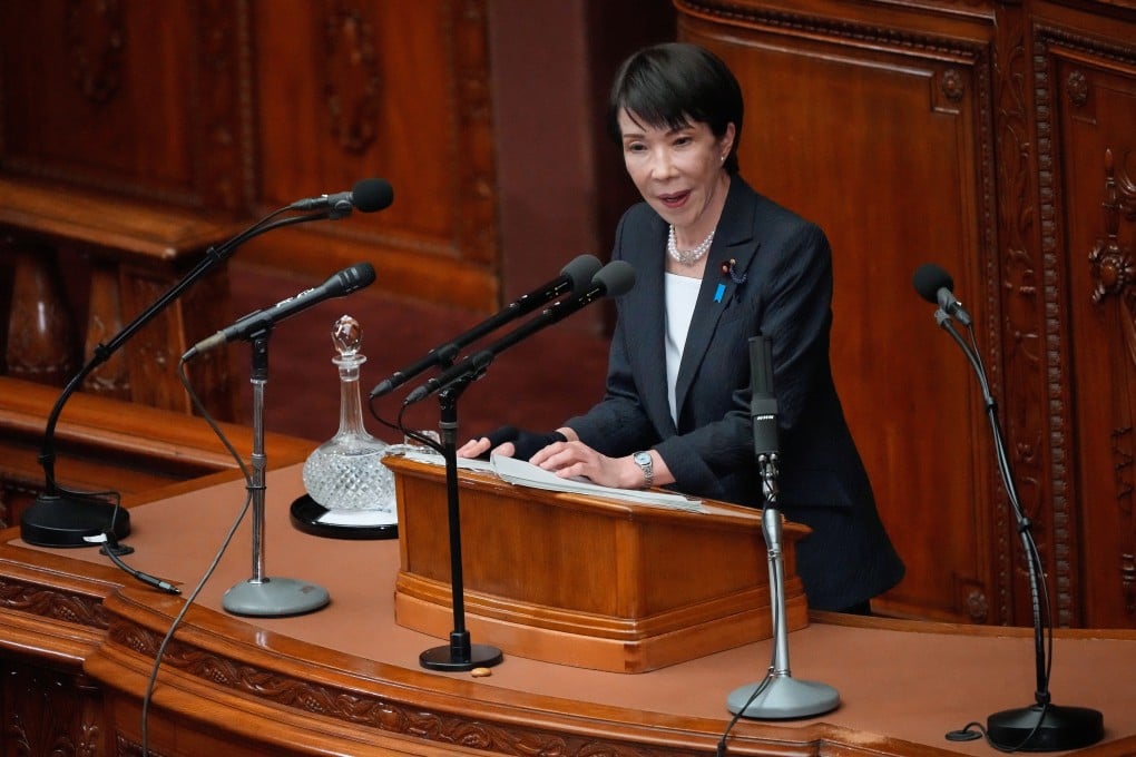 Japanese Prime Minister Sanae Takaichi addresses parliament in Tokyo on Friday. Photo: AP