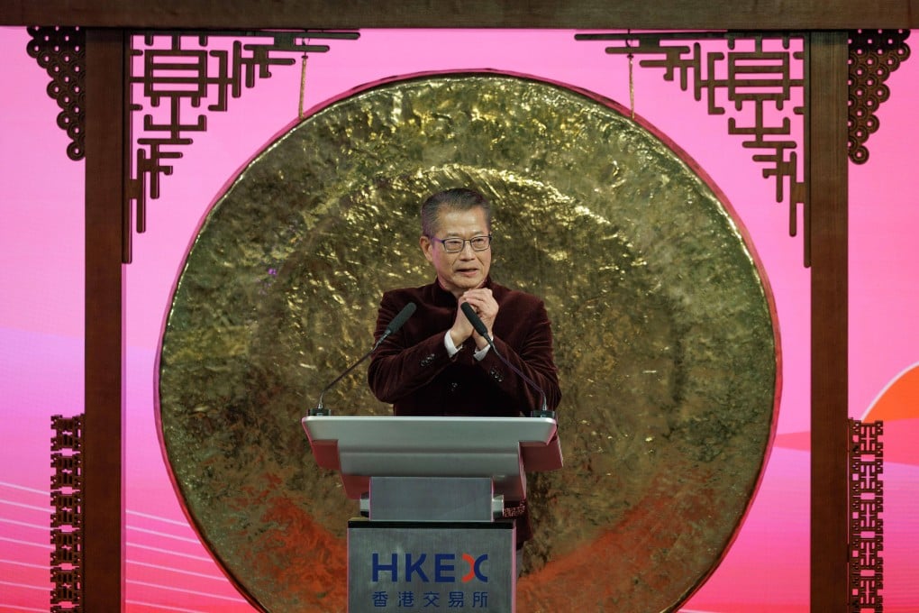 Financial Secretary Paul Chan speaks during a ceremony marking the first trading day of the Year of the Horse at the Hong Kong Exchanges and Clearing Limited on February 20. Photo: AP