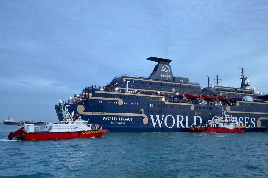 A fire broke out on deck nine of the World Legacy, a Liberia-registered cruise ship, on Friday. Photo: Facebook/MPA.SG