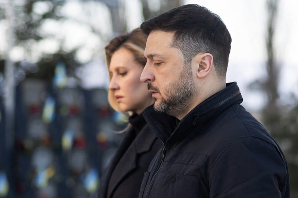 Ukraine’s President Volodymyr Zelensky and First Lady Olena Zelenska pay tribute to those killed during the Euromaidan protests in 2014 in Kyiv on Friday. Photo: Ukrainian Presidential Press Service / AFP