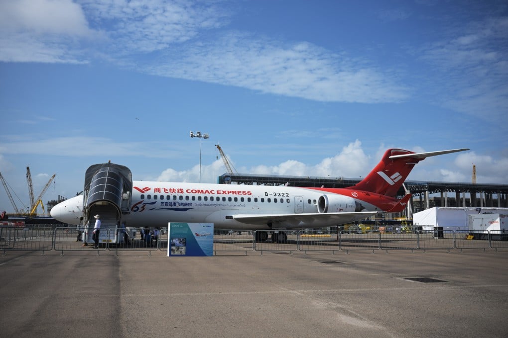A C909 aircraft, made by the Commercial Aircraft Corporation of China, on display during the 10th Singapore Airshow. Photo: Xinhua