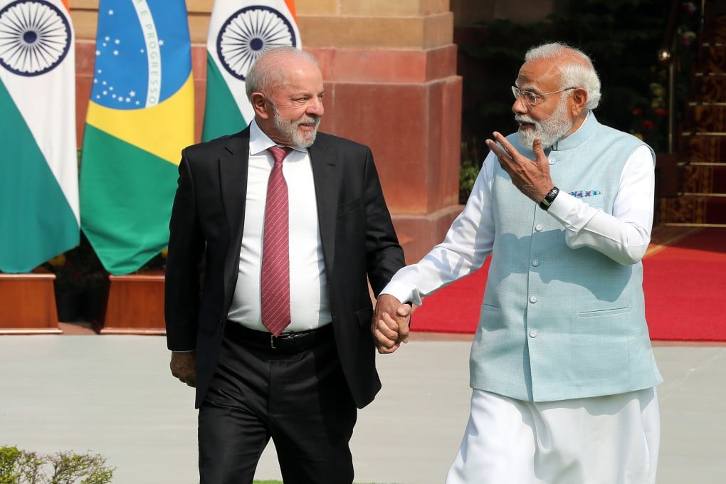 Brazilian President Luiz Inacio Lula da Silva and Indian Prime Minister Narendra Modi ahead of their meeting at Hyderabad House in New Delhi on Saturday. Photo: EPA