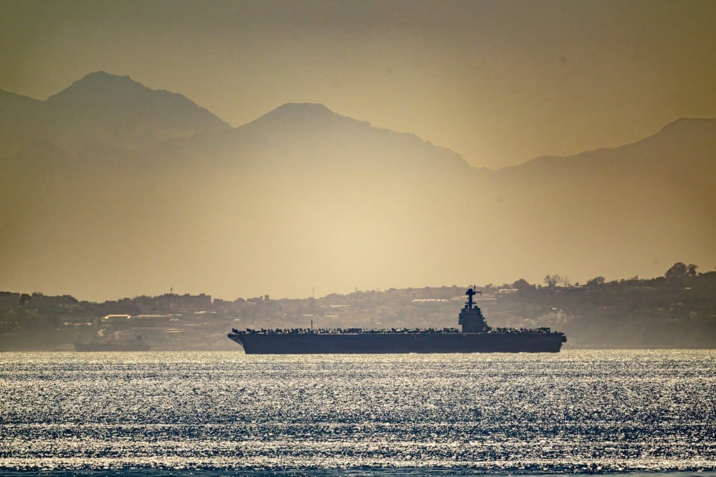 The USS Gerald R. Ford aircraft carrier is seen from Gibraltar on Friday. Photo: Instagram/dparody via Reuters
