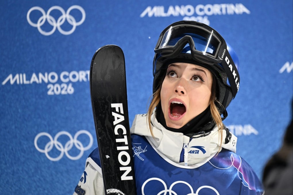 Eileen Gu reacts during the women’s freeski halfpipe qualification at the Milan-Cortina 2026 Olympic Winter Games in Livigno, Italy. Photo: Xinhua