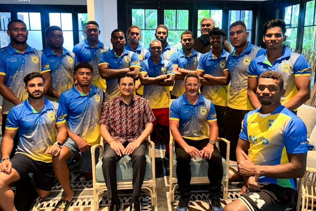 Former England sevens star Ben Gollings (seated, right) with his Chennai Bulls rugby team. Photo: Chennai Bulls