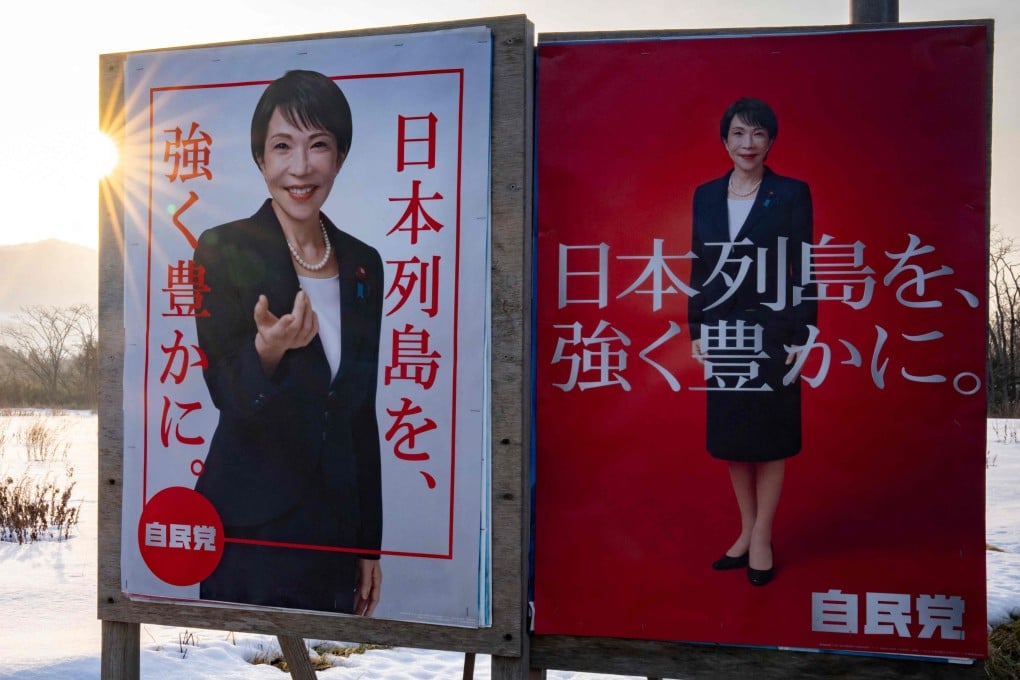 Japan’s Prime Minister Sanae Takaichi is seen on Liberal Democratic Party poster boards in Date, Hokkaido prefecture, on Sunday. Photo: AFP