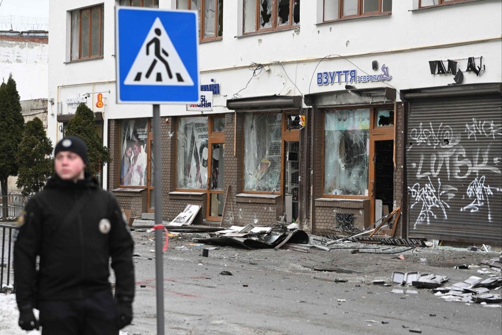 The aftermath of an explosion that rocked a shop in Lviv on Sunday. Photo: AFP