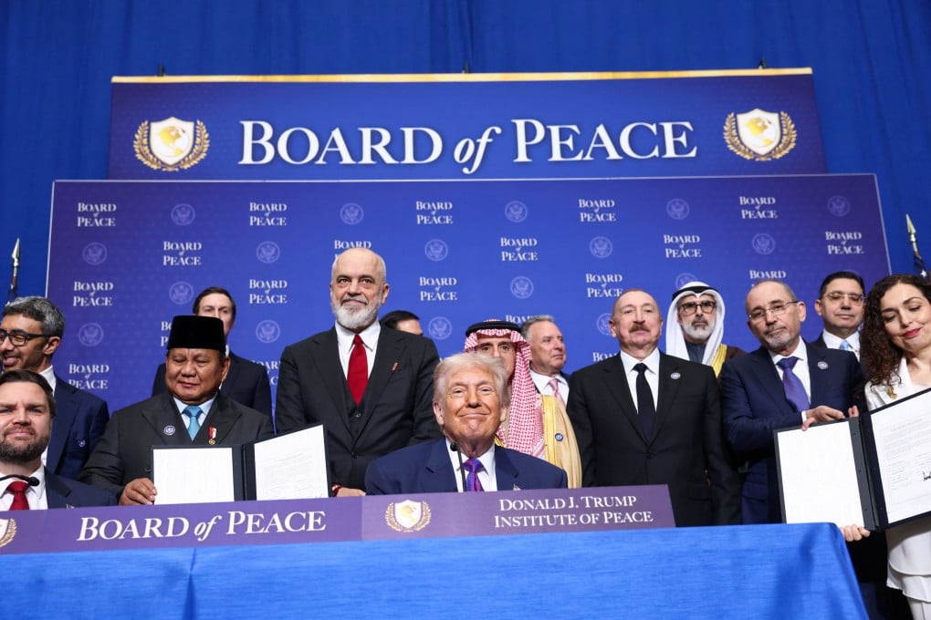 US President Donald Trump, Indonesian President Prabowo Subianto and other leaders at the Board of Peace’s first meeting at the US Institute of Peace in Washington on Thursday. Photo: Reuters