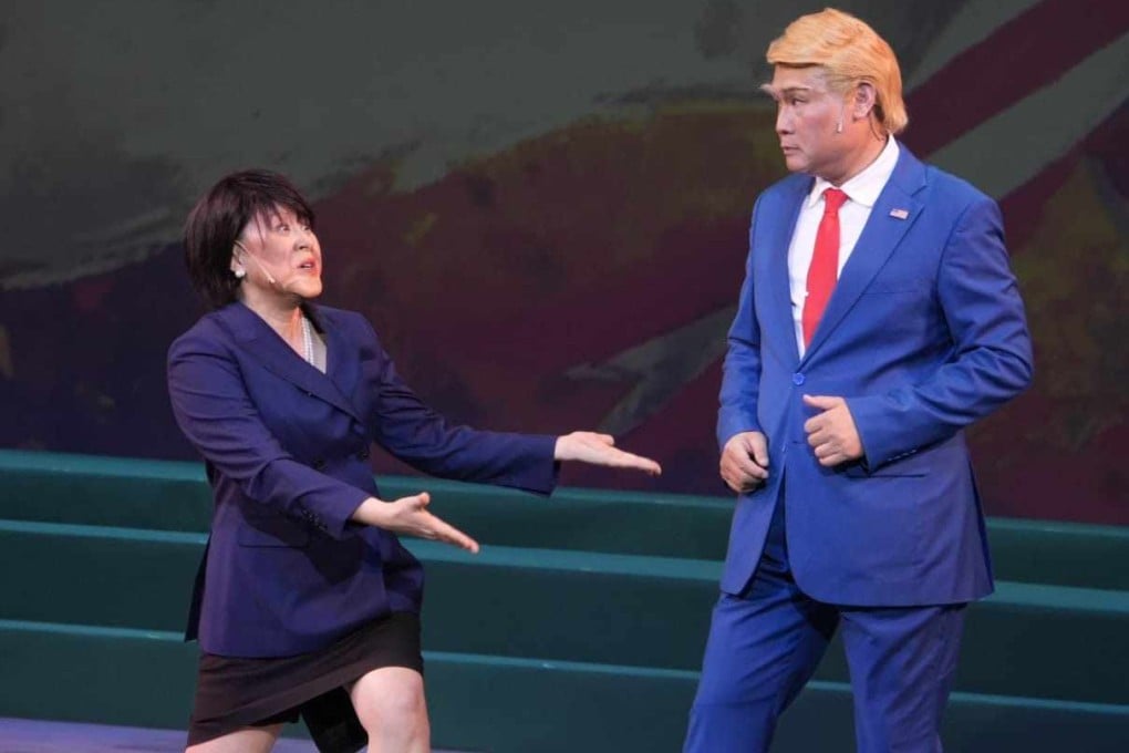 Elvina Kong (left) performs as Japanese politician Sanae Takaichi and Lung Koon-tin as US president Donald Trump on the opening night of the Trump on Show 4.0 at Sha Tin Town Hall in Hong Kong. Photo: Contemporary Drama Association