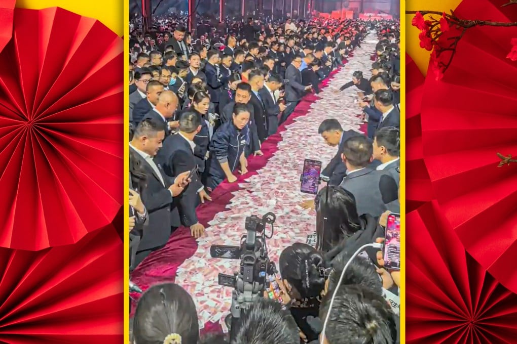 A factory owner in China distributed a US$26 million bonus to 7,000 workers, allowing them to collect as many banknotes as they could count within a set time during an event. Photo: SCMP composite/Shutterstock/Weibo