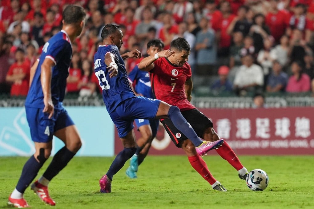 Hong Kong midfielder Juninho fires a shot across goal during an international friendly against Nepal at Hong Kong Stadium. Photo: Elson Li