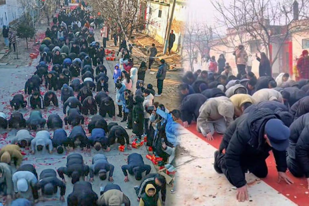 A Chinese village held a stunning ceremony where 600 men bowed in homage to their ancestors, igniting discussions online about tradition versus patriarchy, as women looked on. Photo: SCMP composite/Weibo