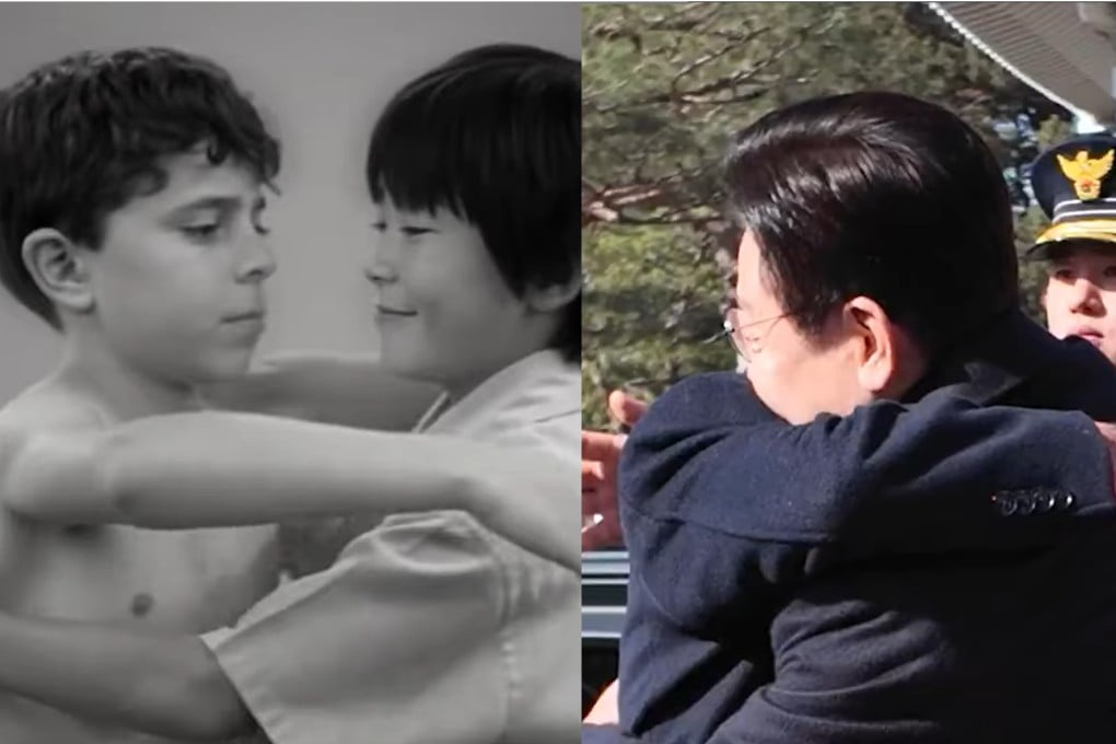 Screenshots from an AI-generated video posted by South Korean President Lee Jae Myung showing young versions of himself and Brazilian President Luiz Inacio Lula da Silva embracing as well as the two of them hugging in real life during Lula’s state visit to Seoul. Photo: X / Jaemyung_Lee