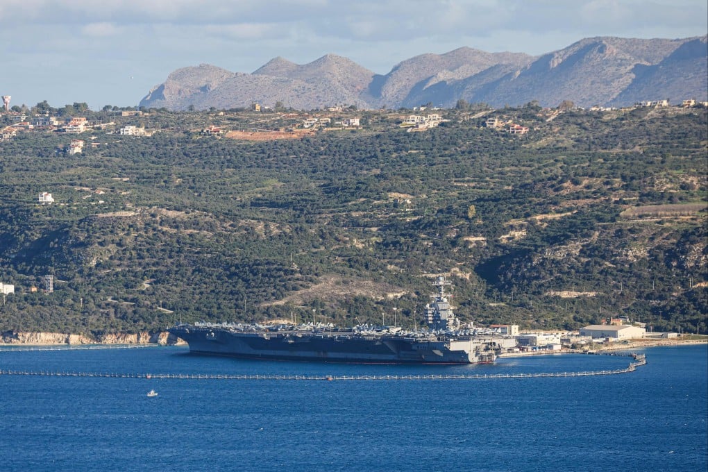 US aircraft carrier USS Gerald R. Ford is docked at Souda Bay in the Greek Mediterranean island of Crete on Tuesday. Photo: AFP