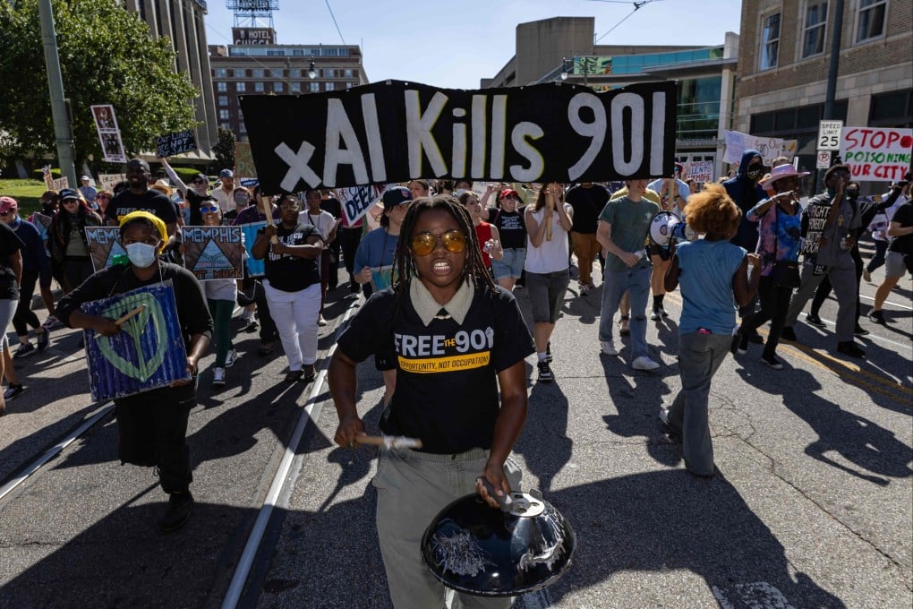 A protest against Elon Musk’s xAI, federal law enforcement agents, the deployment of the National Guard during the “Get Out of Memphis” protest in Tennessee, US, on October 4, 2025. Photo: AFP