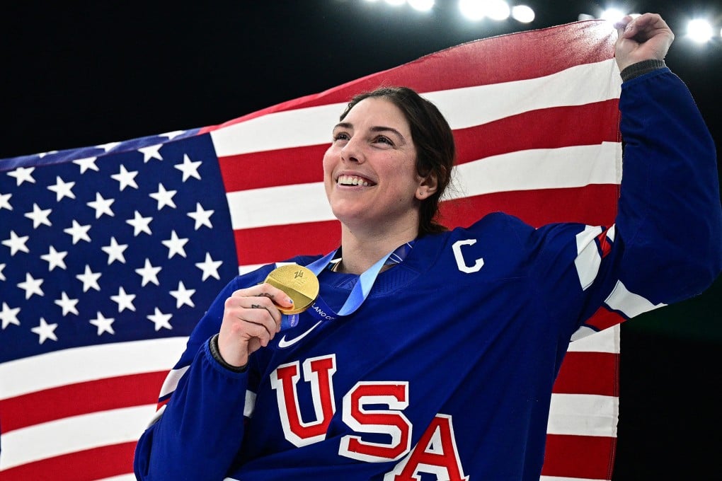 Hilary Knight celebrates during the medal ceremony for Women’s Ice Hockey in Milan, Italy, on February 19. Photo: TNS