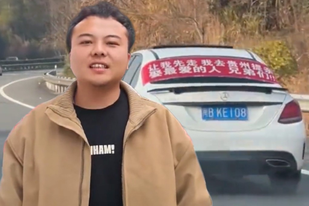 During the Chinese New Year travel rush on the mainland, a man hung a banner on his car saying, “Let me go first, I’m going to Guizhou to propose”, turning his proposal into a widely shared story online. Photo: SCMP composite/Douyin