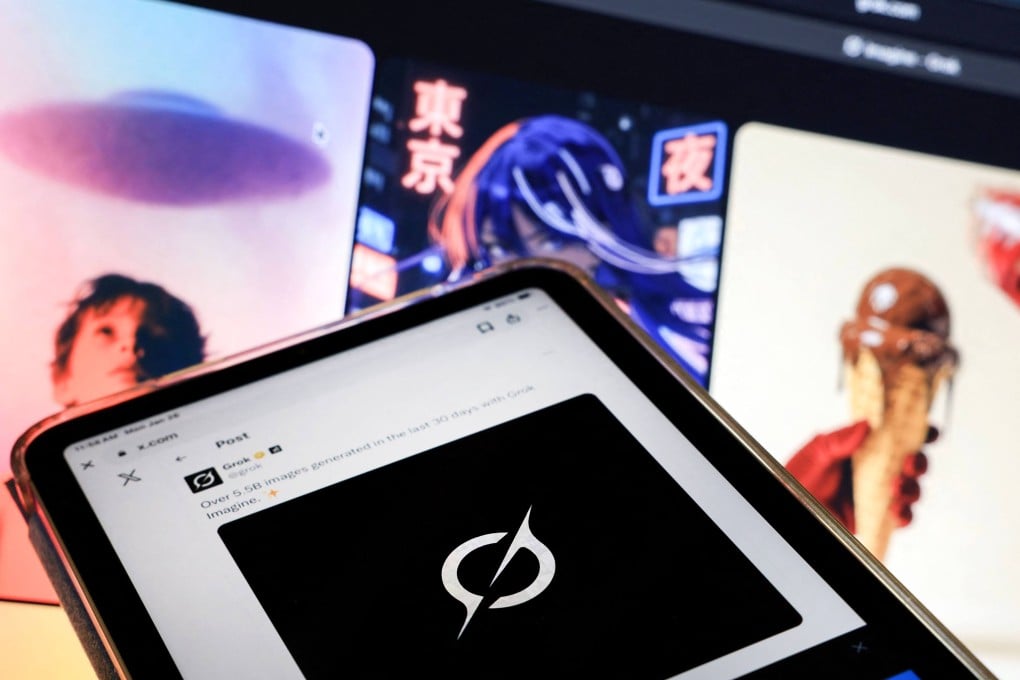 A link to the Grok website is seen in a social media post. Grok released a feature in December that allowed users to generate non-consensual sexualised images of women and children. Photo: Getty Images