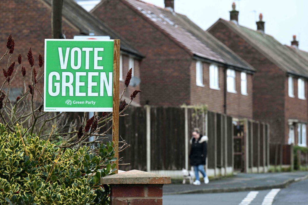 A poster promoting Britain’s Green party in Denton, Greater Manchester. Photo: AFP