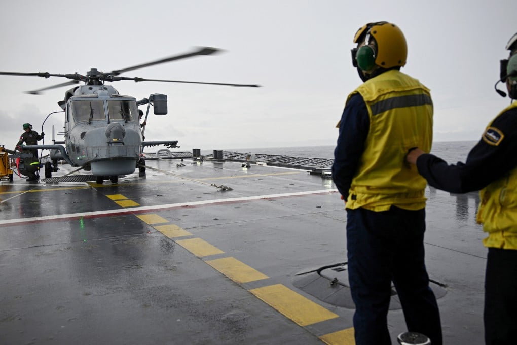 A Philippine Navy AW159 Wildcat helicopter is secured on the helipad of the BRP Jose Rizal, a Philippine frigate, during a maritime cooperative activity in the South China Sea last year. Photo: AFP