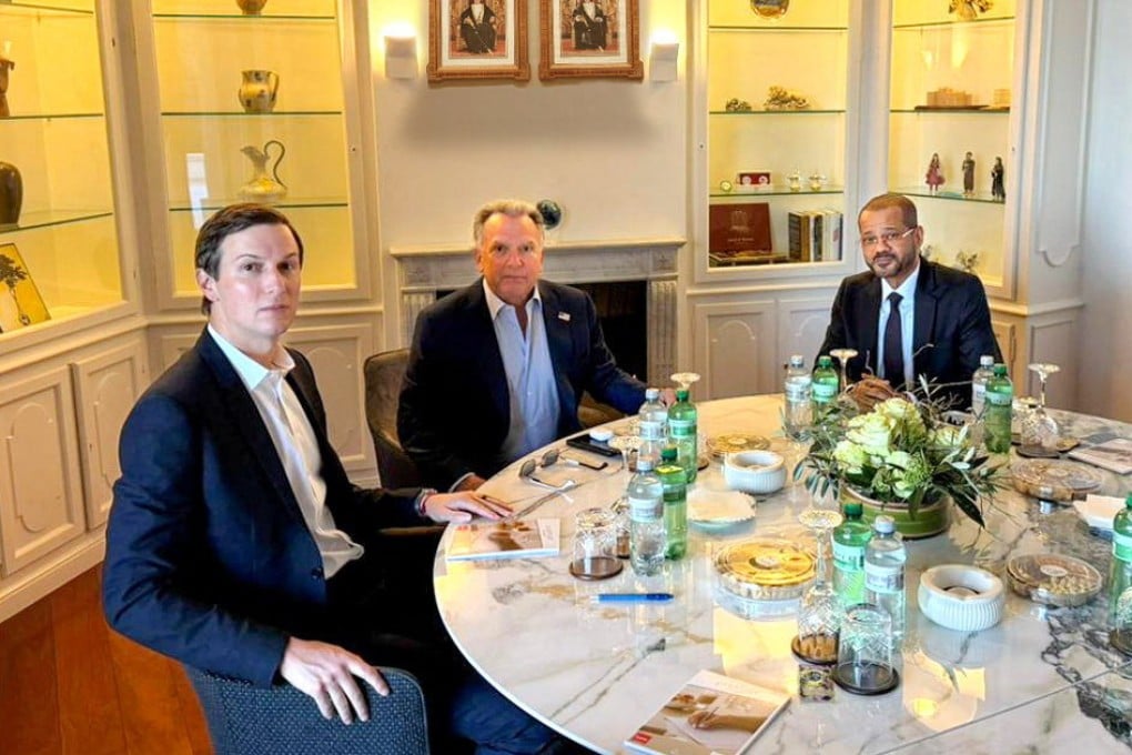 Omani Foreign Minister Badr al-Busaidi, right, with US Special Envoy Steve Witkoff, centre, and Donald Trump’s son-in-law Jared Kushner in Geneva, Switzerland on Thursday. Photo: Oman News Agency / Handout via Reuters