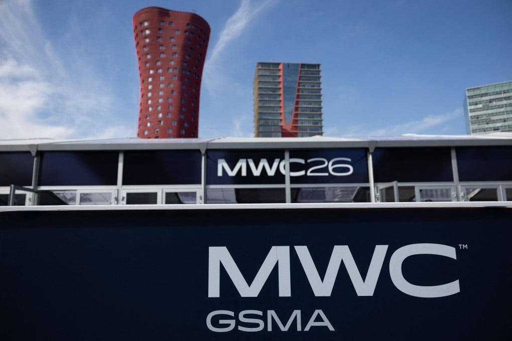 A picture taken on February 27, 2026 in Barcelona shows the MWC logo ahead of its opening. Photo: AFP