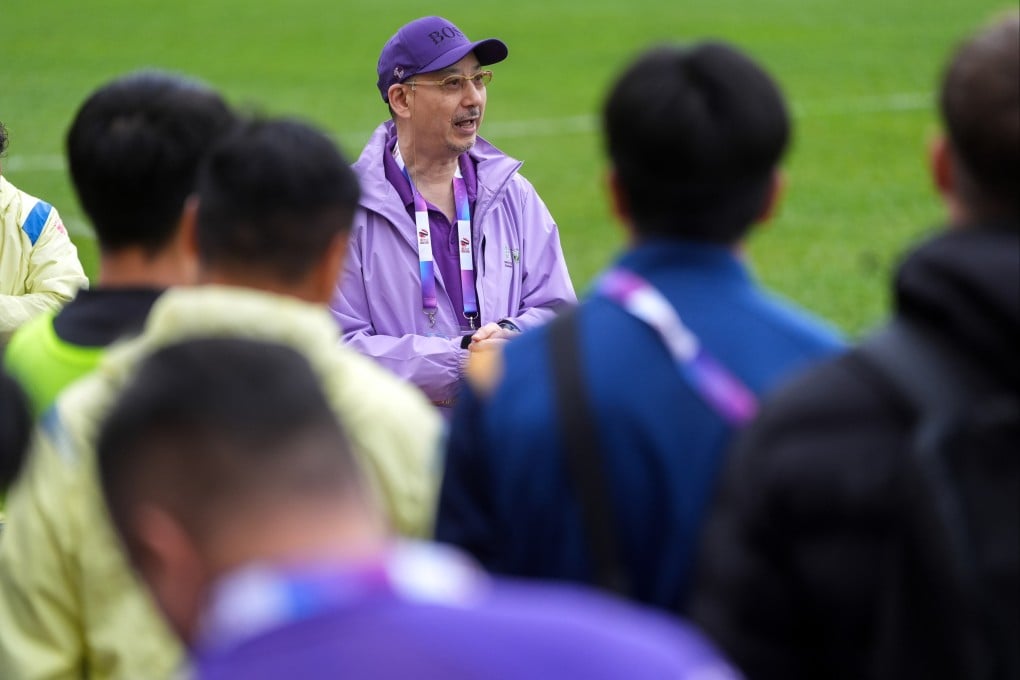 Francis Yip addresses players and staff following Tai Po’s league defeat by Southern on Saturday. Photo: Eugene Lee