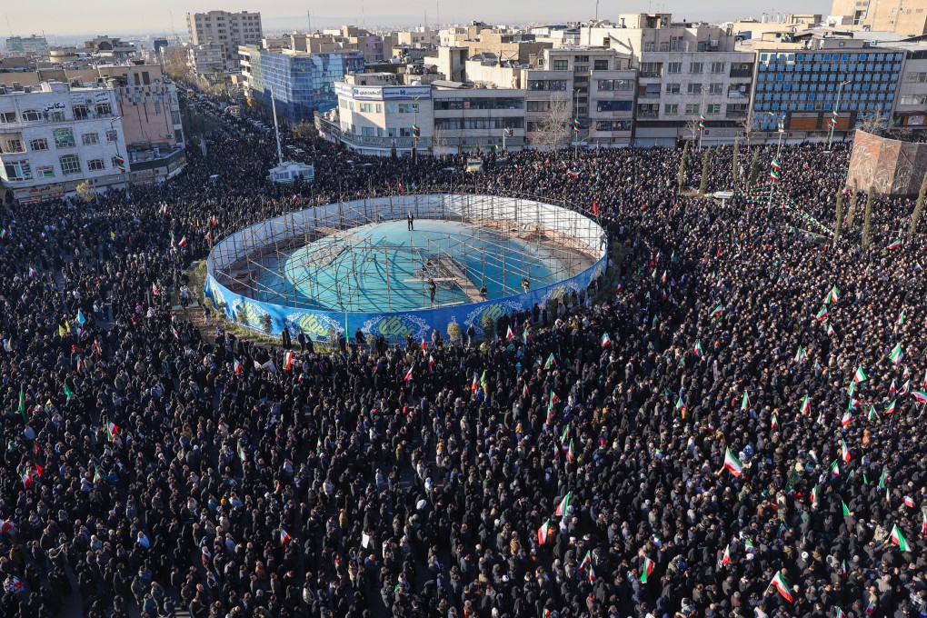 Government supporters gather in mourning after state TV officially announces the death of Iranian supreme leader Ayatollah Ali Khamenei, in Tehran, Iran on Sunday. Photo: AP