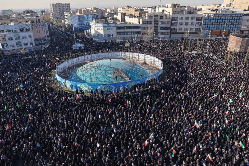 Government supporters gather in mourning after state TV officially announces the death of Iranian supreme leader Ayatollah Ali Khamenei, in Tehran, Iran on Sunday. Photo: AP